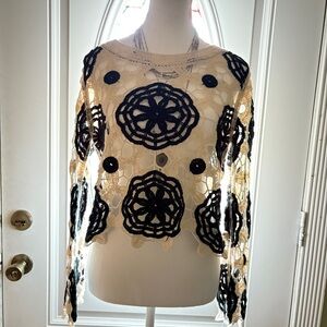 Vintage Crochet cropped Sweater with Black Floral Accents